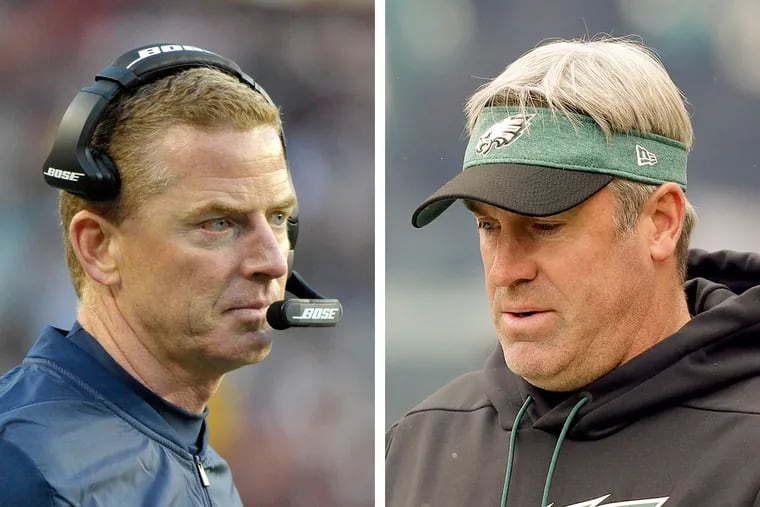 Is Cowboys coach Jason Garrett (left) on the hot seat as he faces off against Doug Pederson (right) and the Eagles on Sunday night?
