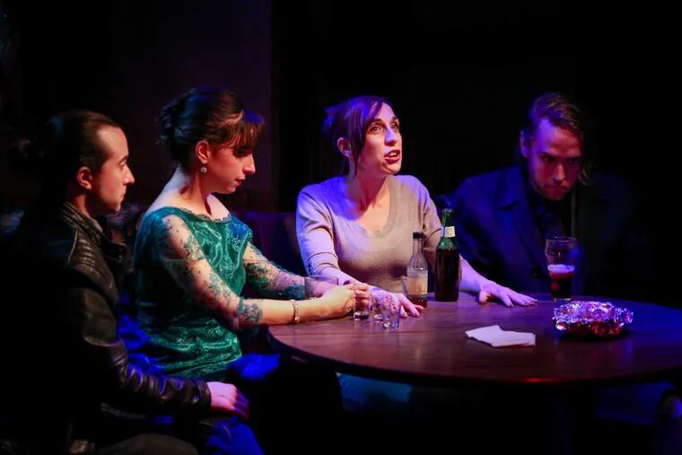 Alexander Scott Rioh as Dorian, Alee Spadoni as Charlotte, Colleen Hughes as Mauve, and Andrew Carroll as Jonny in the Curio Theatre Company&#039;s production of "Antagonyms."