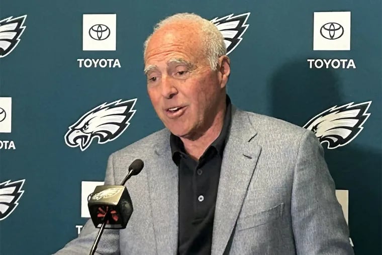Eagles owner Jeffrey Lurie speaks to reporters at the NFL's annual league meeting in Orlando, Fla. on Tuesday, March 26, 2024.