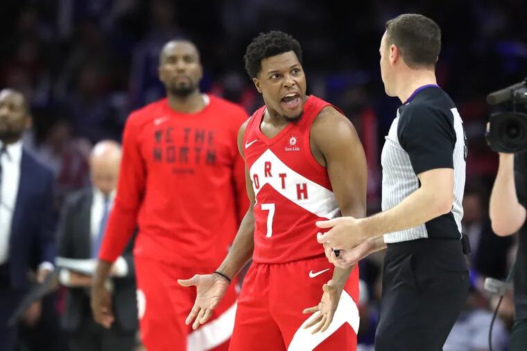 Kyle Lowry argues a call with the official on Sunday.