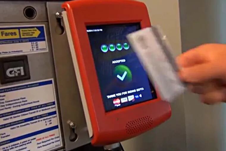 Frame from septa.org promotional video showing use of SEPTA Key, the transportation system's new smart card.