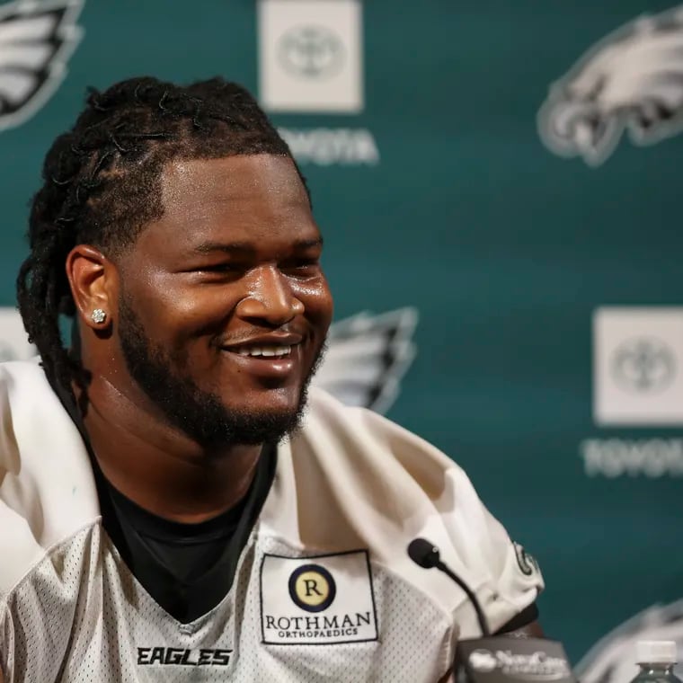 Eagles defensive tackle Jalen Carter speaks with reporters at the NovaCare Complex on Wednesday.