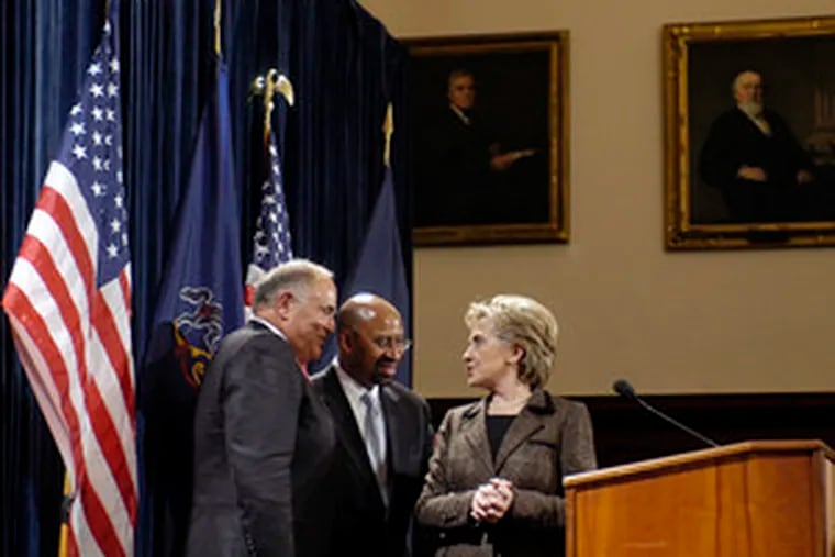 Sen. Hillary Rodham Clinton talks with Mayor Nutter and Gov. Rendell at City Hall yesterday after Rendell endorsed her bid for president. Nutter had endorsed her earlier.