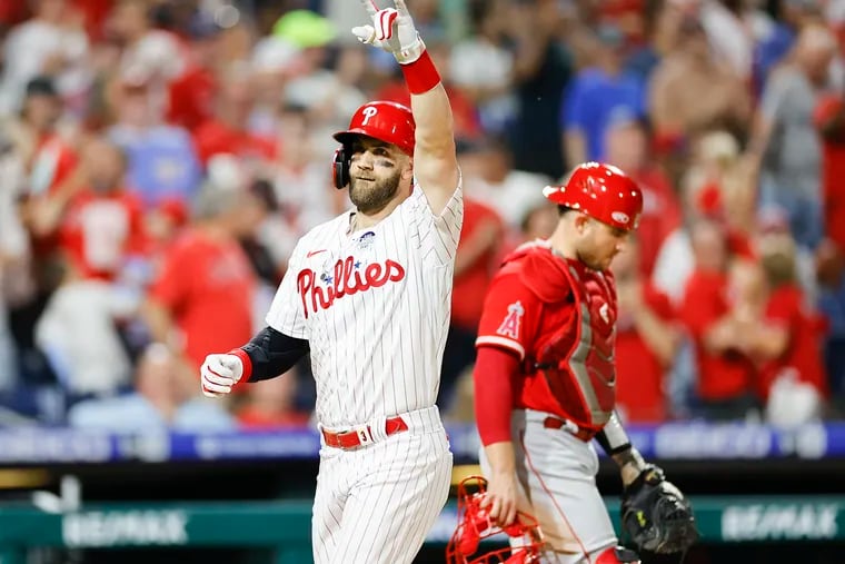 Bryce Harper celebrates after hitting a sixth-inning solo home run Friday against the Angels. The Phillies won, 10-0.