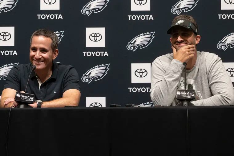 Eagles GM Howie Roseman, left, and head coach, Nick Sirianni speak to the media during a press conference on Tuesday, August 30, 2022., during the NFL cut day at the Novacare Complex in Philadelphia, Pa.