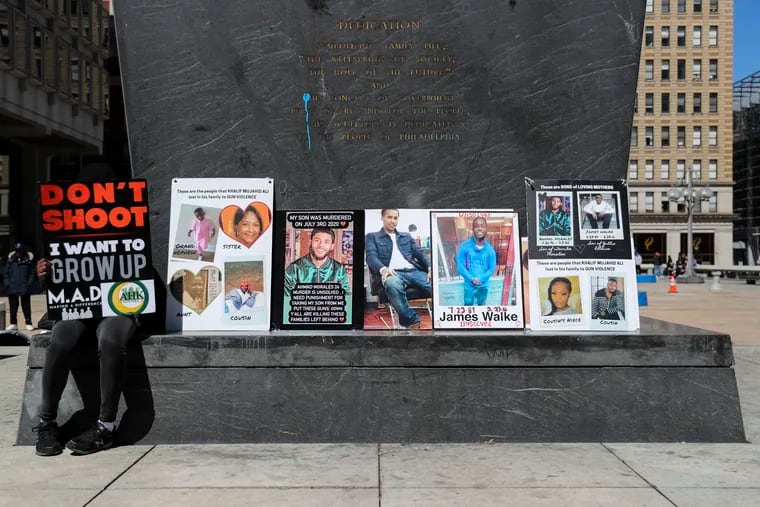 Memorial posters on display during the second annual Youth Led March Against Gun Violence outside of the Municipal Services Building in Philadelphia, Pa. on Sunday, April 2, 2023. The march was hosted by the Beloved Care Project and Forget Me Knot.