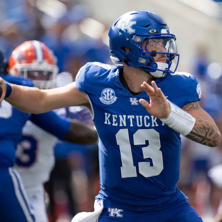 Kentucky quarterback Devin Leary (13) looks to throw during the second half of an NCAA college football game against Florida on Sept. 30, 2023.
