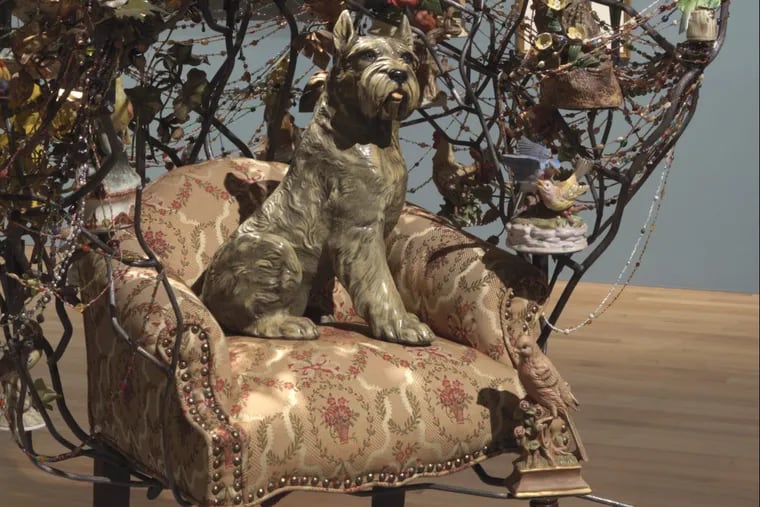 Nick Cave’s Rescue, 2013, an assemblage of enthroned ceramic dog and found objects, acquired by the Pennsylvania Academy of the Fine Arts. PAFA’s Morris Gallery currently features further explorations of this theme by the artist. Detail. PAFA