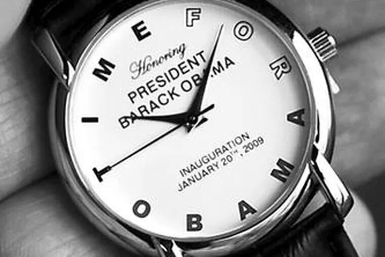 There is a message on the watch. A 98-year-old Valley Forge man has designed the timepiece to mark inauguration day. Only 400 will be sold. Story, B2.