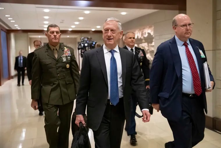 Secretary of Defense Jim Mattis arrives to give House members a classified security briefing, with Secretary of State Mike Pompeo, not shown, on the murder of Jamal Khashoggi and Saudi Arabia's war in Yemen, on Capitol Hill in Washington, Thursday, Dec. 13, 2018.