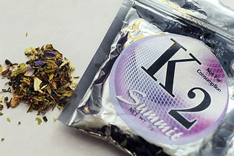 A package of K2 which contains herbs and spices sprayed with a synthetic compound chemically similar to THC, the psychoactive ingredient in marijuana. (Kelley McCall / Associated Press)