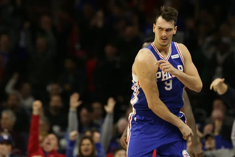 Sixers’ forward Dario Saric celebrates after he hit a three-pointer against the Raptors on Martin Luther King Day.