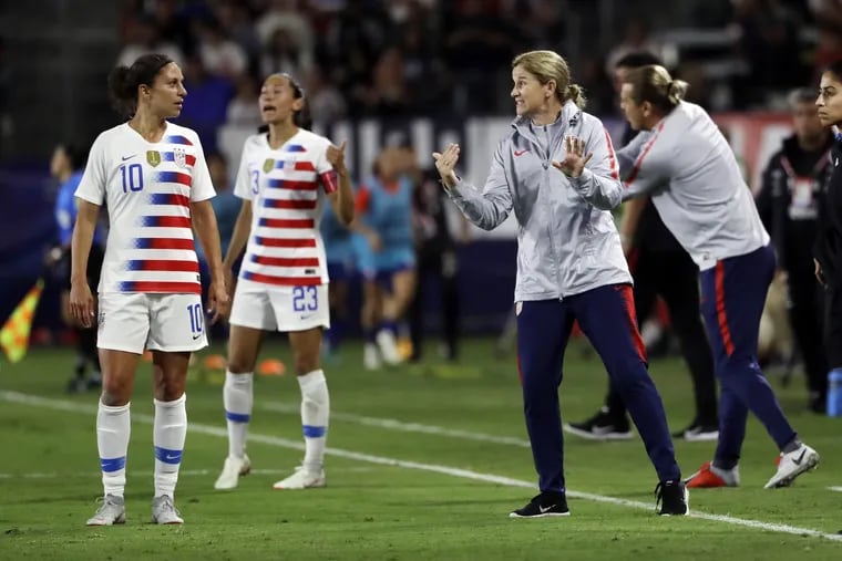 Carli Lloyd (left) and Christen Press (center) had goals controversially disallowed by the referee in the United States' 3-0 win over Chile in Carson, Calif. They weren't happy, and neither was U.S. coach Jill Ellis (right).