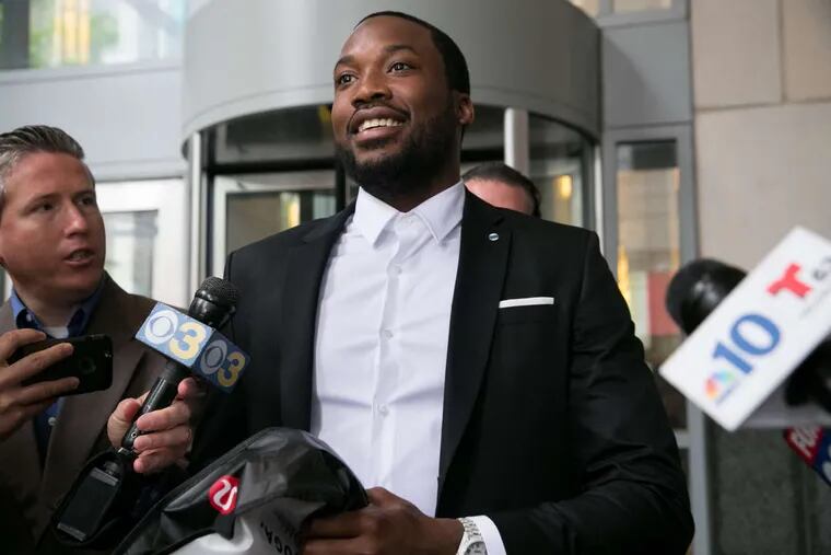Meek Mill exits the Criminal Justice Center, after a hearing in May 2018.