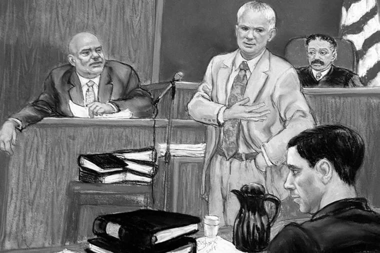 Judge Herbert Hutton watches Ron Previte on the witness stand as he’s questioned by Edwin Jacobs (center), attorney for reputed mob boss Joey Merlino (foreground)