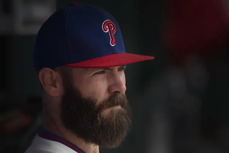 Philadelphia Phillies starting pitcher, Jake Arrieta, (49), looks on minutes before facing the ST. Louis Cardinals at Citizens Bank Park, Philadelphia. Wednesday, June 20, 2018.
