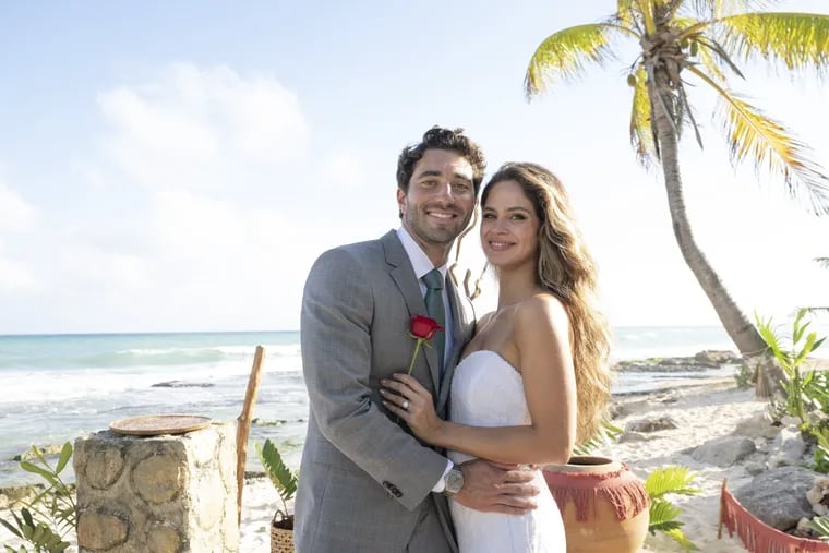 ABC's "The Bachelor" Joey Graziadei poses with fiancée Kelsey Anderson on the beach in Tulum, Mexico, during the show's season finale, which aired March 25, 2024.
