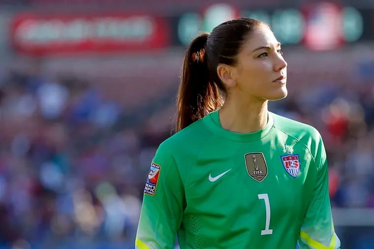 FILE - In this Feb. 13, 2016, file photo, United States goalie Hope Solo walks off the field at half time of a CONCACAF Olympic qualifying tournament soccer match against Mexico in Frisco, Texas. Solo was in goal four years ago in Canada when the United States won soccer’s most prestigious tournament. She has no regrets about her acrimonious breakup with the team, which will seek to defend its title at the Women’s World Cup in France.  (AP Photo/Tony Gutierrez, File)