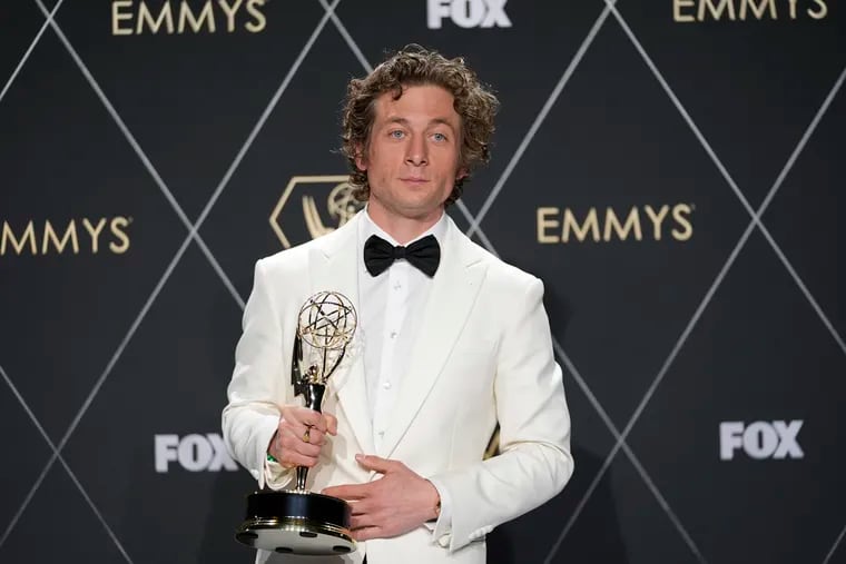 Jeremy Allen White with his Emmy for best lead actor in a comedy series for "The Chef." White will portray Bruce Springsteen in an upcoming biopic. ( AP Photo/Ashley Landis )