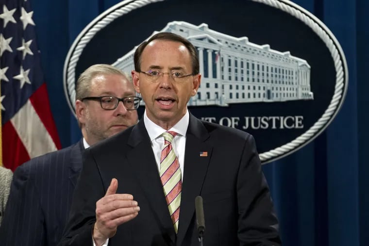 Deputy Attorney General Rod Rosenstein speaks during a news conference announcing the indictment against international computer hacking, at Department of Justice in Washington, Wednesday, Nov. 28, 2018.