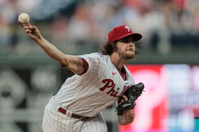 Phillies pitcher Aaron Nola throws against the Rockies during the inning at Citizens Bank Park in Philadelphia, Friday, April 21, 2023.