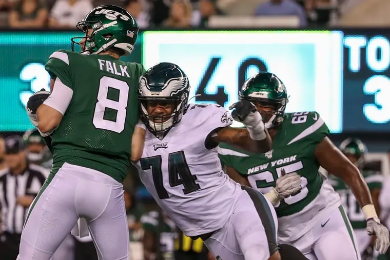 Eagles defensive end Daeshon Hall sacks New York Jets quarterback Luke Falk in the second quarter of the final preseason game.