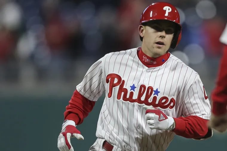 Phillies rookie Scott Kingery rounding the bases after hitting his first career home run Monday against Cincinnati.