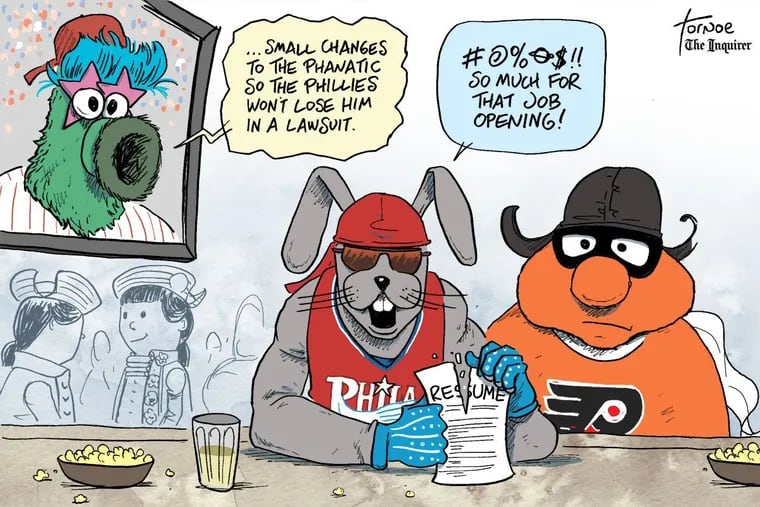 Rob Tornoe's cartoon for Tuesday, Feb. 25, featuring the new-look Phanatic and some forgotten Philly mascots from years past.