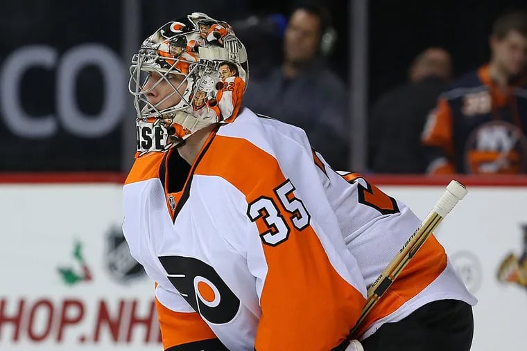 Philadelphia Flyers goalie Steve Mason (35) during the second period against the New York Islanders at Barclays Center.