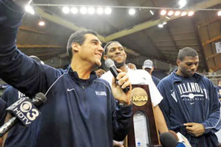 Villanova coach Jay Wright addresses fans at a rally at the Pavilion after the Wildcats returned from Boston and Saturday’s last-second win over Pittsburgh. (Sharon Gekoski-Kimmel / Staff Photographer)