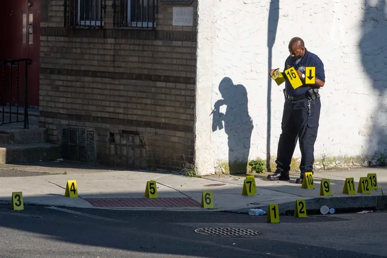 Five individuals were shot in Strawberry Mansion in the afternoon on Aug 18, 2020. The shell casings are marked at the scene.