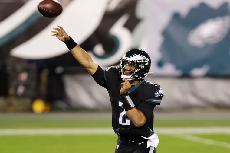 Eagles quarterback Jalen Hurts throws the football against the New Orleans Saints on Sunday, December 13, 2020.