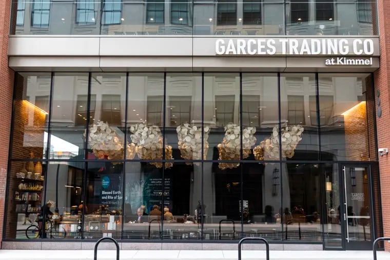 Viewed from Spruce Street, Garces Trading Co.'s cafe in the main lobby at the Kimmel Center in March 2023.