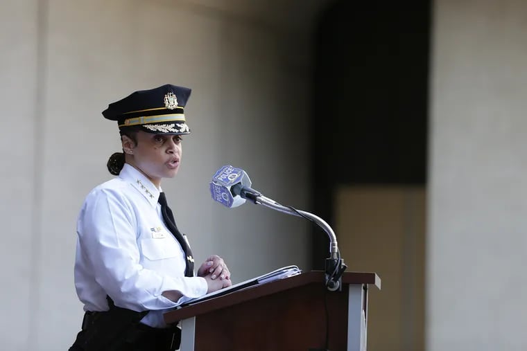 Philadelphia Police Commissioner Danielle Outlaw speaks to reporters outside Police Headquarters on Wednesday, March 18, 2020.
