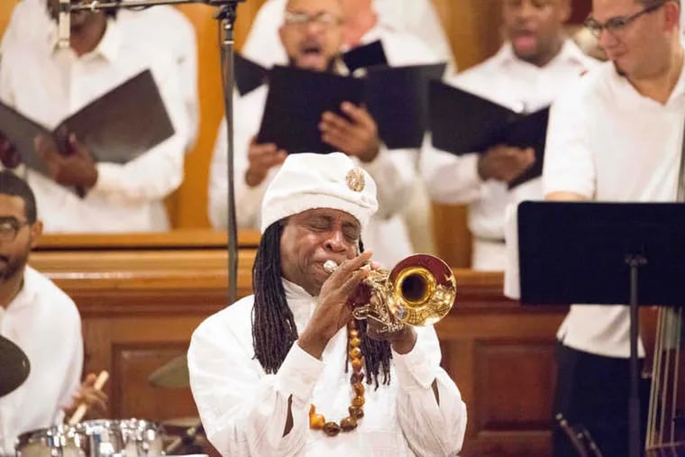 Philadelphia Orchestra composer-in-residence Hannibal Lokumbe performing the world premiere of his “Crucifixion Resurrection: Nine Souls a-Traveling” in June at the Mother Bethel African Methodist Episcopal Church.