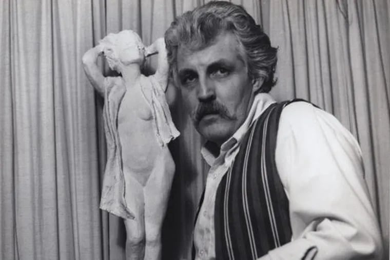Mr. Winter with one of his sculptures. His sculptures were exhibited at the Woodmere Art Museum in Chestnut Hill; Allied Artists, a society in New York City; and the Michelson Gallery in Washington.