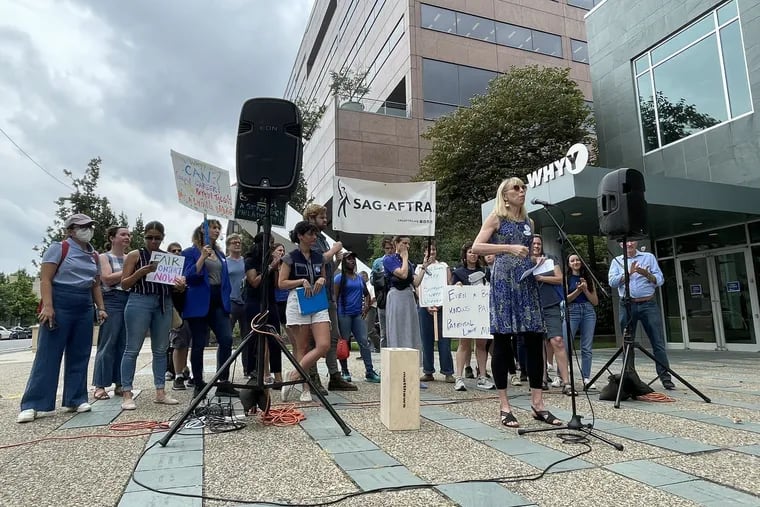 WHYY media workers rally outside WHYY's headquarters in July 2021 to call for a fair contract.