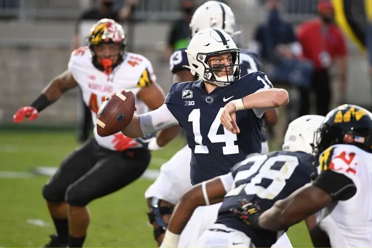 Penn State quarterback Sean Clifford looks to throw a second-quarter pass against Maryland.