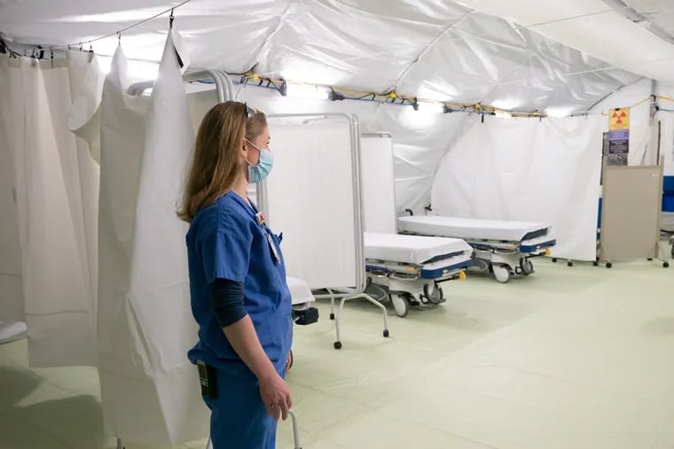 Inside the new emergency response tent at Doylestown Hospital.