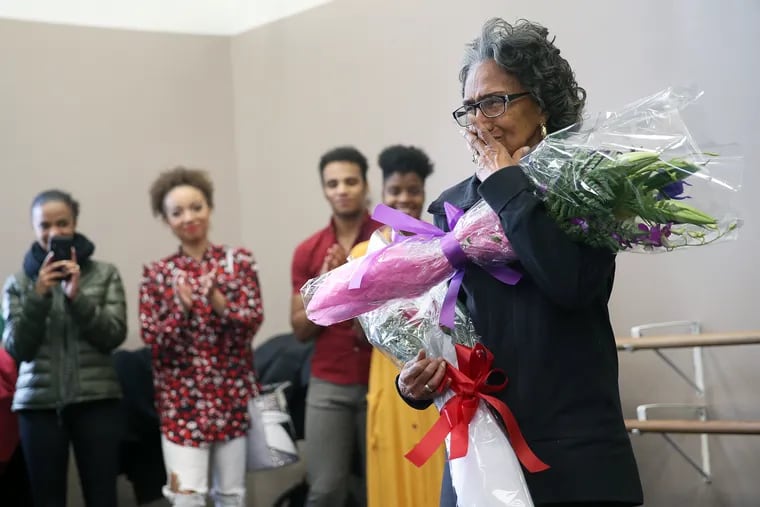Philadelphia Dance Company founder Joan Myers Brown becomes emotional after dancers from the Alvin Ailey American Dance Theater and Dance Theatre of Harlem made a surprise visit to see her at Philandanco's studio in West Philadelphia on Friday, March 1, 2019. The Alvin Ailey and Dance Theatre of Harlem companies are both in town to perform and wanted to recognize Brown for her legacy of supporting black dancers.