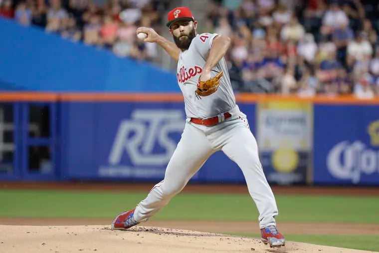 Philadelphia Phillies' Jake Arrieta delivers a pitch during the first inning of a baseball game against the New York Mets, Saturday, July 6, 2019, in New York. (AP Photo/Frank Franklin II)