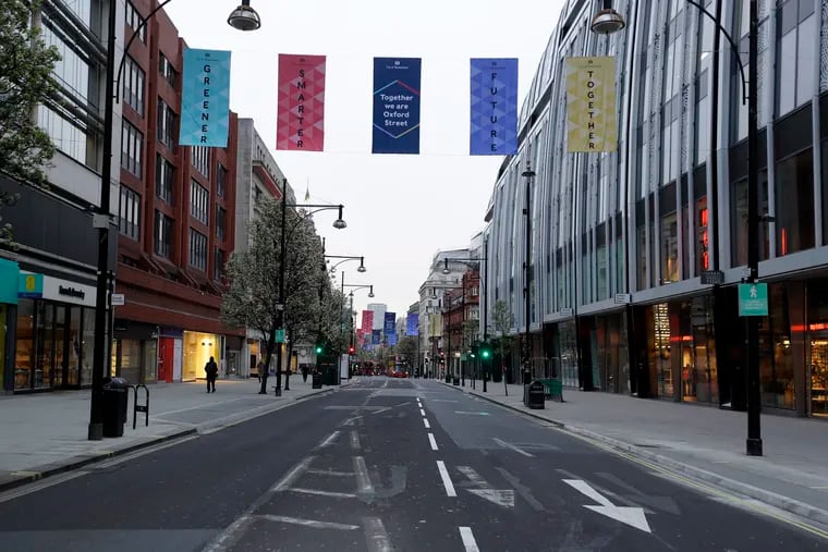 Empty Oxford Street in London before shops opened the day coronavirus measures were lifted in April.