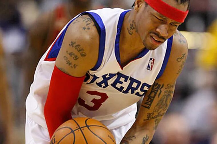 Allen Iverson couldn't hide his frustration after a teammate's missed shot during the fourth quarter. (Ron Cortes/Staff Photographer)