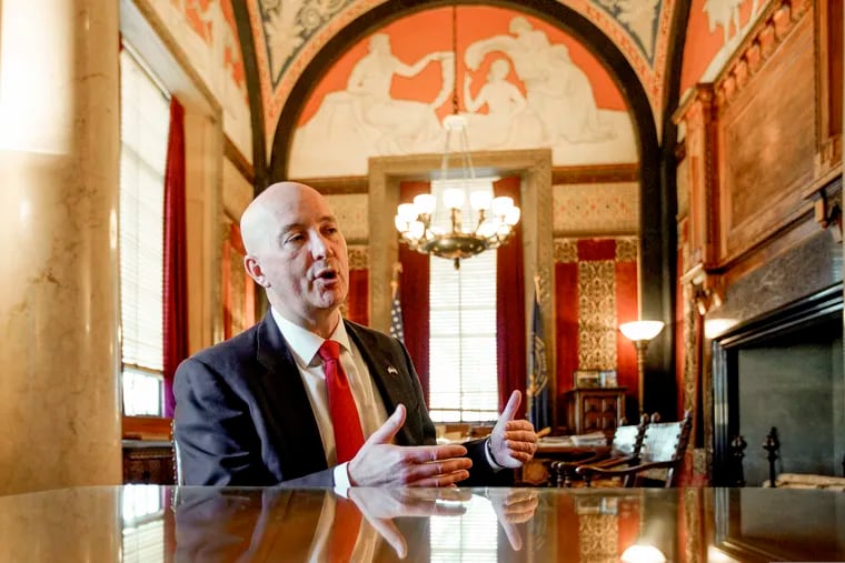 In this Jan. 3, 2019, file photo, Gov. Pete Ricketts speaks during an interview in his office in Lincoln, Neb.