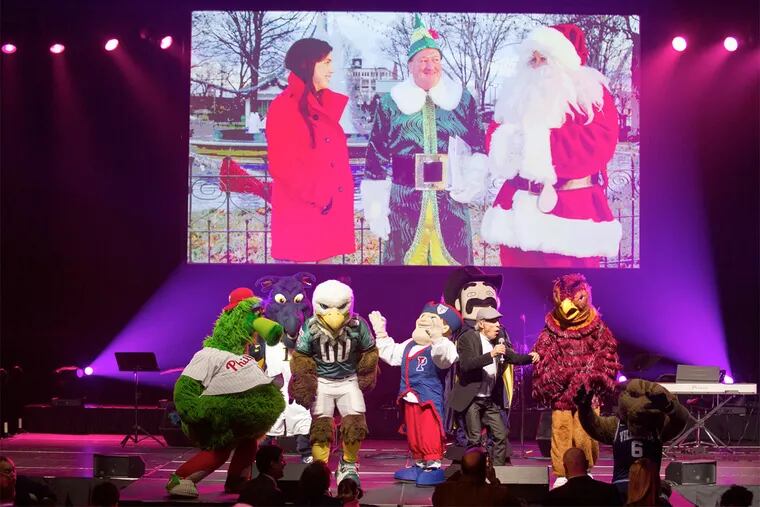 Mayor Jim Kenney's opted to host a Inaugural Block Party at the Pennsylvania Convention Center instead of an inaugural ball on Jan. 4, 2016. Mascots from area teams join legendary DJ Jerry Blavat on stage while images of the Mayor are projected.