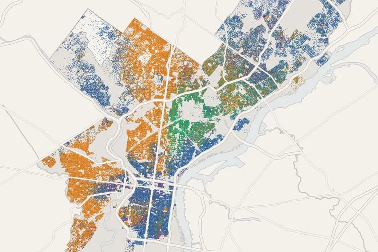A map of Philadelphia showing where people of various races reside. Each dot represents 10 people.
