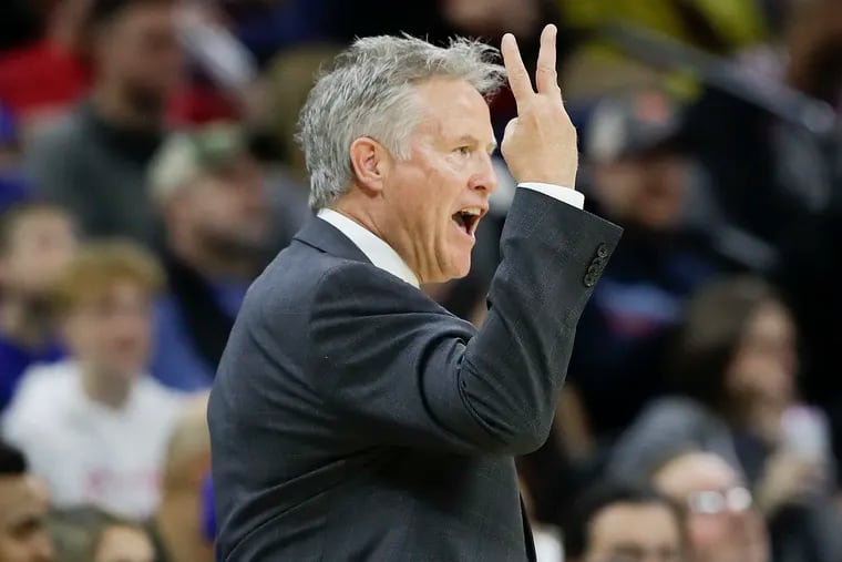 Sixers head coach Brett Brown during the first quarter of Friday night's game against the Spurs.