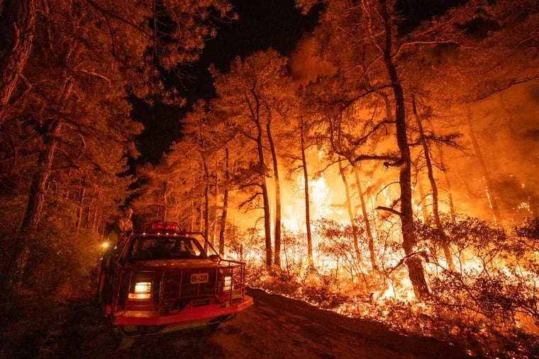 A view of what the New Jersey Forest Fire Service has dubbed the Allen Road Wildfire in Bass River State Forest, Ocean County, N.J. on June 1, 2023.