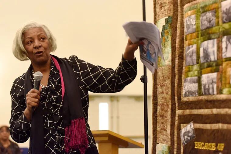 Linda Salley, board member of the African American Museum in Bucks County, gives a presentation on black history quilts to the congregation of the Second Baptist Church of Doylestown on Feb. 14.