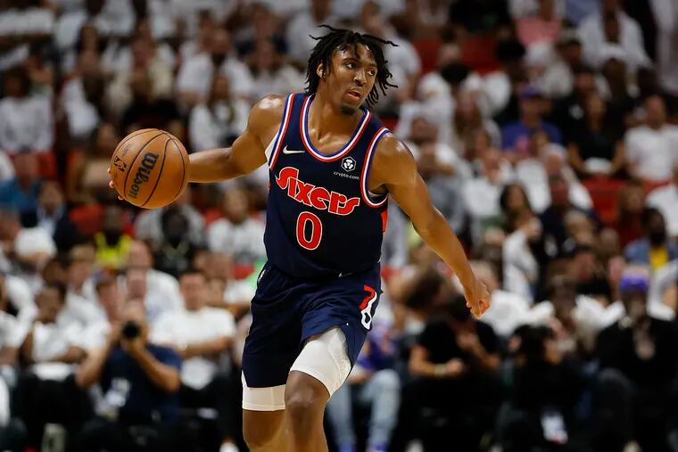 Sixers guard Tyrese Maxey dribbles the basketball against the Miami Heat in game two of the second-round Eastern Conference playoffs on Wednesday, May 4, 2022 in Miami.